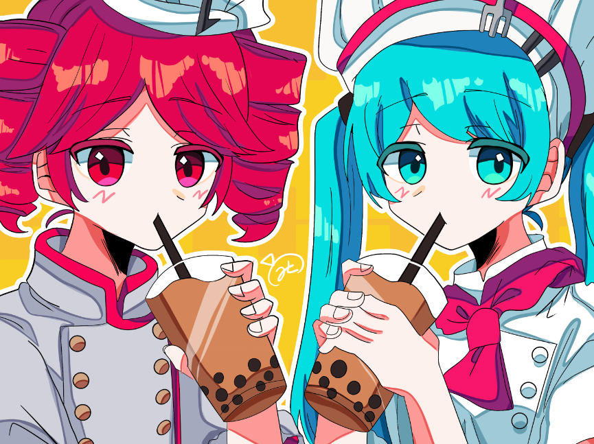 2girls, aqua_eyes, aqua_hair, bubble_tea, buttons, chef_hat, double-breasted, drill_hair