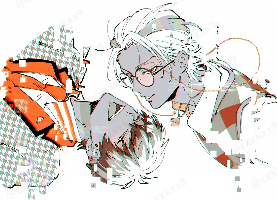 2boys, chromatic_aberration, collared_shirt, colored_skin, commentary, cxxkxx9, dark_persona, diagonal-striped_clothes, digital_dissolve, eyewear_strap, glasses, glitch, grey_skin, grin, hair_between_eyes, hair_slicked_back, houndstooth, hypnosis_mic, looking_at_viewer, male_focus, multiple_boys, necktie, nurude_sasara, open_mouth, red_eyes, round_eyewear, shirt, short_hair, smile, striped_clothes, suit, sweater_vest, symbol-only_commentary, tsutsujimori_rosho, twitter_username, unusually_open_eyes, watermark, watermark_grid, yellow_eyes