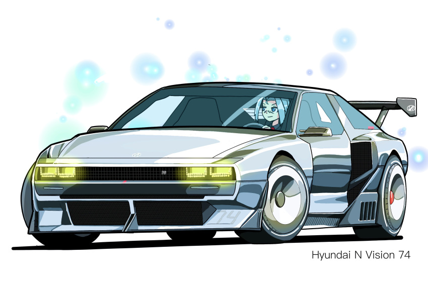 1girl, absurdres, black_shirt, blue_eyes, blue_hair, car, collared_shirt, driving
