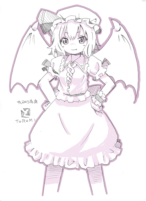 1girl, bat_wings, fang, frills, hands_on_own_hips, hat, hat_ribbon, looking_at_viewer, mob_cap, puffy_sleeves, remilia_scarlet, ribbon, short_hair, smile, solo, toromi_(toromix2), touhou, wings