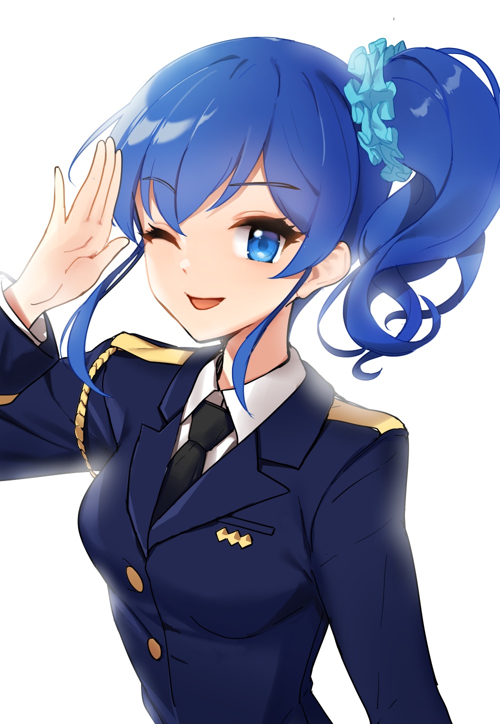 1girl, ;d, aikatsu!, aikatsu!_(series), arm_up, black_necktie, blue_eyes, blue_jacket
