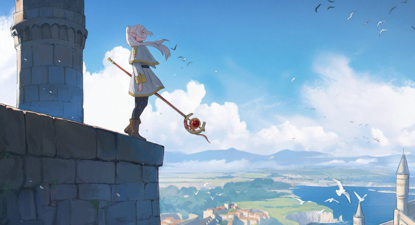 1girl, animal, arms_at_sides, art_of_papayou, artist_name, belt, bird, black_belt