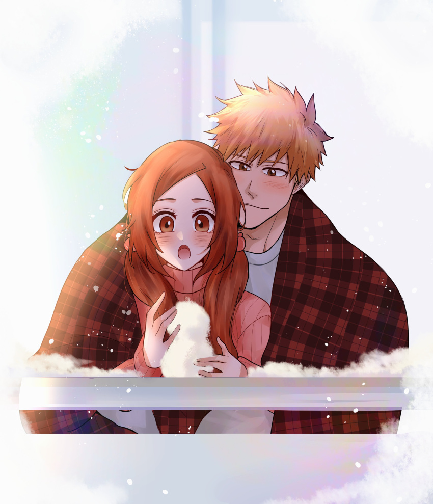 1boy, 1girl, :o, absurdres, blanket, bleach, brown_eyes, brown_hair