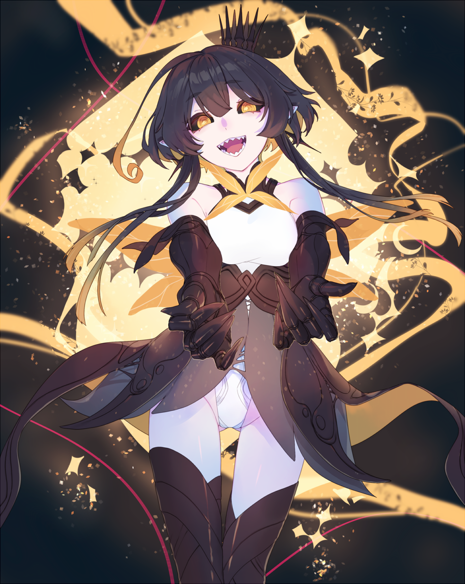 1girl, ahoge, arthropod_girl, bare_shoulders, bee_girl, bee_wings, black_hair, black_sclera, boots, borrowed_character, breasts, chrom_(ac8231), colored_sclera, commission, crown, elbow_gloves, gloves, highres, insect_wings, kuze_(ira), leotard, looking_at_viewer, monster_girl, multicolored_hair, open_mouth, orange_eyes, orange_hair, original, outstretched_arms, pointy_ears, reaching, reaching_towards_viewer, sharp_teeth, sidelocks, skeb_commission, smile, teeth, thigh_boots, white_leotard, wings