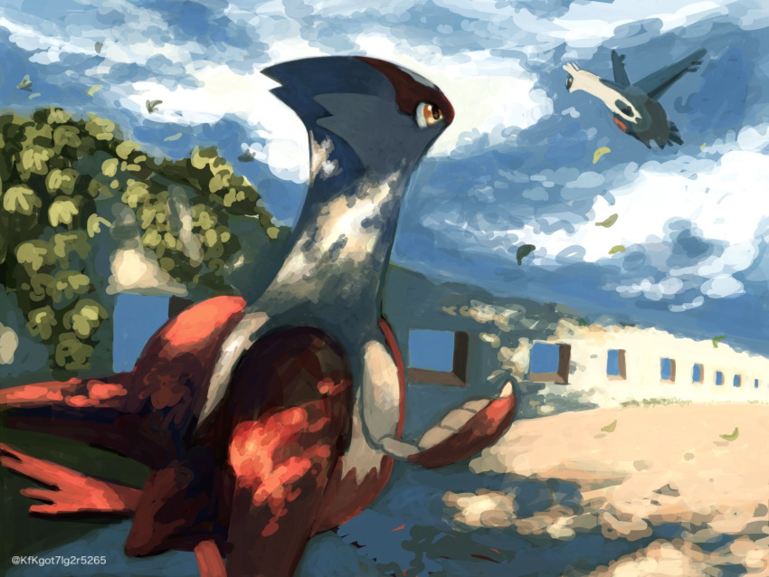artist_name, blue_sky, day, flying, highres, kfkgot7ig2r5265, latias, latios, leaf, looking_at_another, no_humans, orange_eyes, plant, pokemon, pokemon_(creature), pokemon_focus, sky, stone_wall