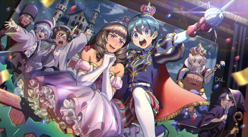 1girl, 6+boys, black_hair, blue_hair, brown_hair, cape, castle, coat, costume, crossdressing, crown, curtains, dolustoy, dress, fur_hat, green_hair, grey_hair, grey_jacket, hat, hattori_hanta, highres, hiura_kirina, holding, holding_scepter, holding_sword, holding_weapon, inamori_asuto, inazuma_eleven_(series), inazuma_eleven_ares_no_tenbin, iwato_takashi, jacket, light_blue_hair, long_hair, mage_staff, magician, mansaku_yuuichirou, michinari_tatsumi, multiple_boys, okuiri_hiro, open_mouth, pantyhose, pink_dress, princess, princess_dress, purple_hair, red_cape, red_coat, scepter, shirt, stage, stage_curtains, sword, theater, tiara, umihara_norika, weapon, white_pantyhose, white_shirt