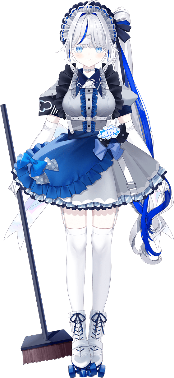 1girl, aokumo_rin, aqua_eyes, blue_hair, blue_skirt, center_frills, closed_mouth, cloud_hair_ornament