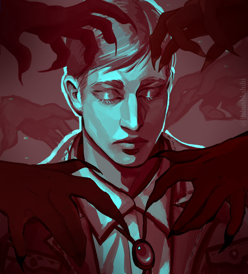 1boy, babu_(babushkahihi), bolo_tie, claws, closed_eyes, closed_mouth, collared_shirt, commentary