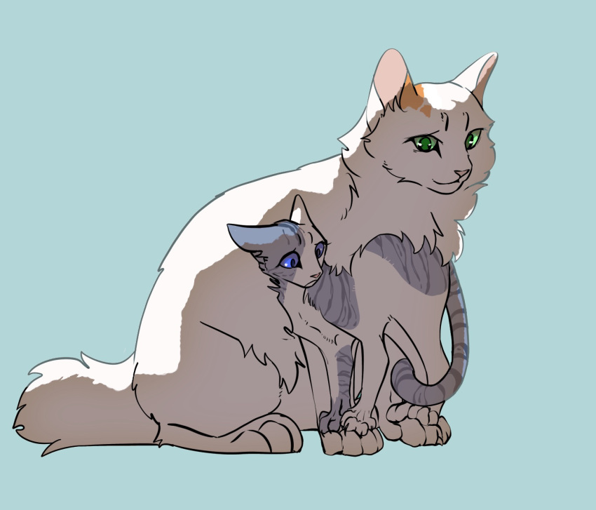 alternate_design, animal, animal_focus, blue_background, blue_eyes, cat, claws, commentary, fugu_(fugusunburst55), green_eyes, highres, ivypool, kitten, mother_and_daughter, no_humans, omen_of_the_stars, scared, short_tail, sitting, tail, warrior_cats, white_cat, whitewing_(warrior_cats)
