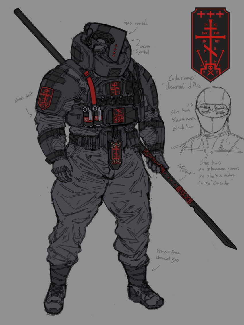 1girl, armor, balaclava, belt, boots, cable, cross, explosive