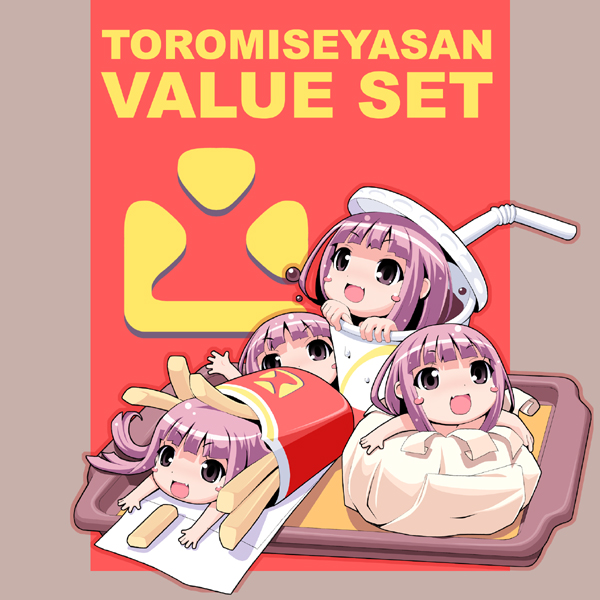 1girl, blush_stickers, burger, cup, disposable_cup, drink, food, french_fries, mcdonald's, original, pink_eyes, pink_hair, soda, toromi-chan, toromi_(toromix2), tray, wall-eyed, wrapped_burger