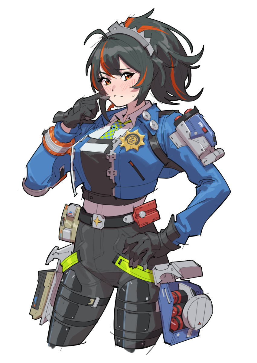 1girl, absurdres, black_gloves, black_hair, black_pants, blue_jacket, blush, breasts, checkered_necktie, closed_mouth, cropped_legs, finger_to_face, gloves, green_necktie, hand_on_own_hip, high-waist_pants, highres, holster, jacket, kinoiyy, large_breasts, looking_at_viewer, metal_hairband, multicolored_hair, necktie, pants, police, police_badge, police_uniform, policewoman, ponytail, red_eyes, redhead, shoulder_holster, simple_background, small_sweatdrop, solo, streaked_hair, tight_clothes, tight_pants, white_background, zenless_zone_zero, zhu_yuan