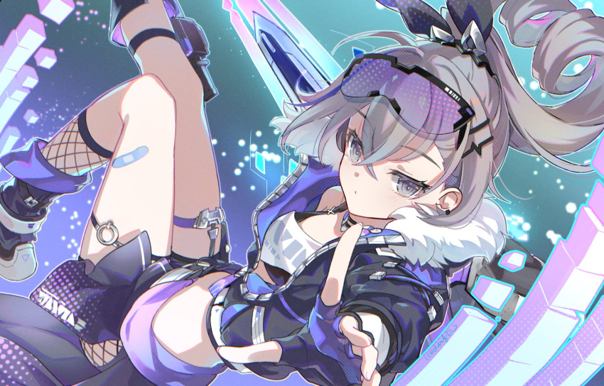 1girl, :o, ankle_boots, bandaid, bandaid_on_leg, black_gloves, black_jacket, black_shorts