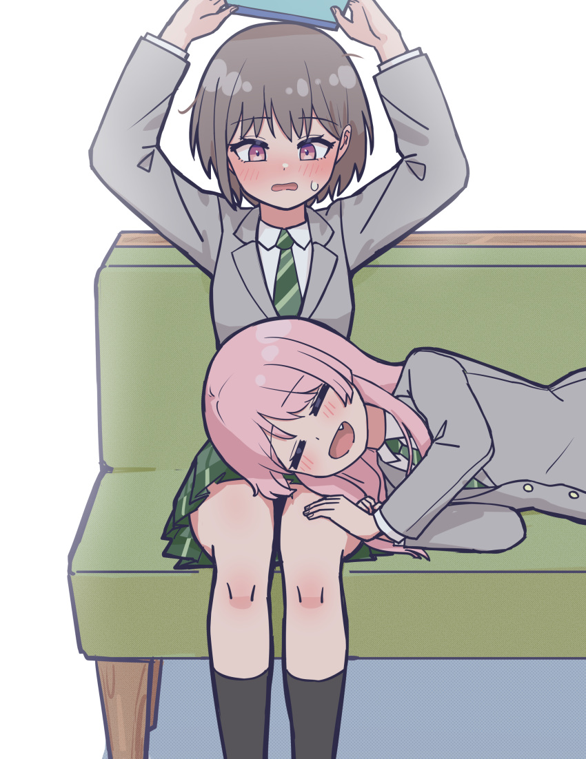 2girls, absurdres, bang_dream!, bang_dream!_it's_mygo!!!!!, black_socks, blush, chihaya_anon, closed_eyes, commentary, couch, fang, green_skirt, grey_eyes, grey_hair, haneoka_school_uniform, highres, jin_(jinkwon1147), lap_pillow, long_sleeves, multiple_girls, necktie, on_couch, open_mouth, pink_hair, pleated_skirt, school_uniform, short_hair, simple_background, skirt, socks, sweat, sweatdrop, takamatsu_tomori, white_background, yuri
