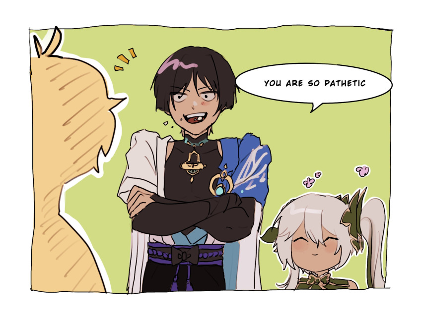 ._., 1boy, 1girl, 1other, :>, alternate_skin_color, armor, bare_shoulders