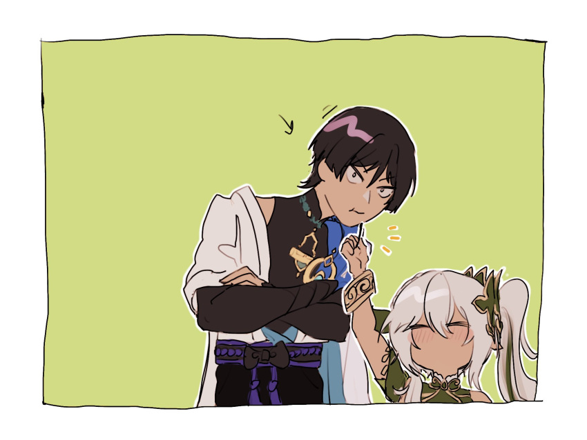 ._., 1boy, 1girl, alternate_skin_color, apple, apple_slice, arm_up, armor