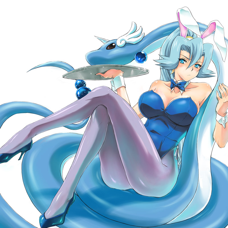 1girl, blue_eyes, blue_hair, bowtie, breasts, bunny_ears, bunnysuit, cleavage