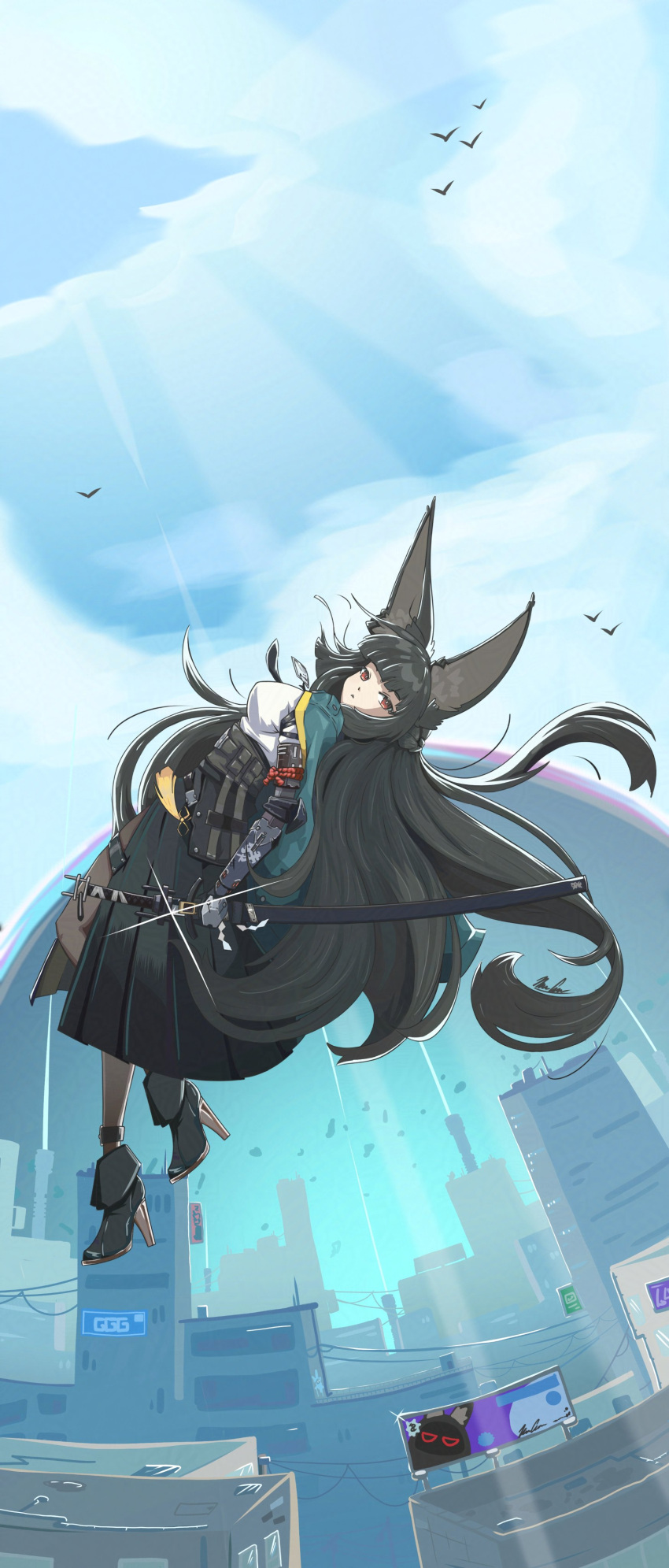 1girl, absurdres, angryfox00, animal_ear_fluff, animal_ears, bird, black_footwear, black_gloves