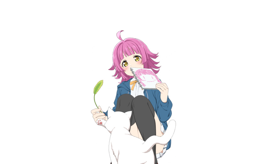 1girl, ahoge, animal, black_thighhighs, blue_hoodie, blunt_bangs, blunt_ends, blush
