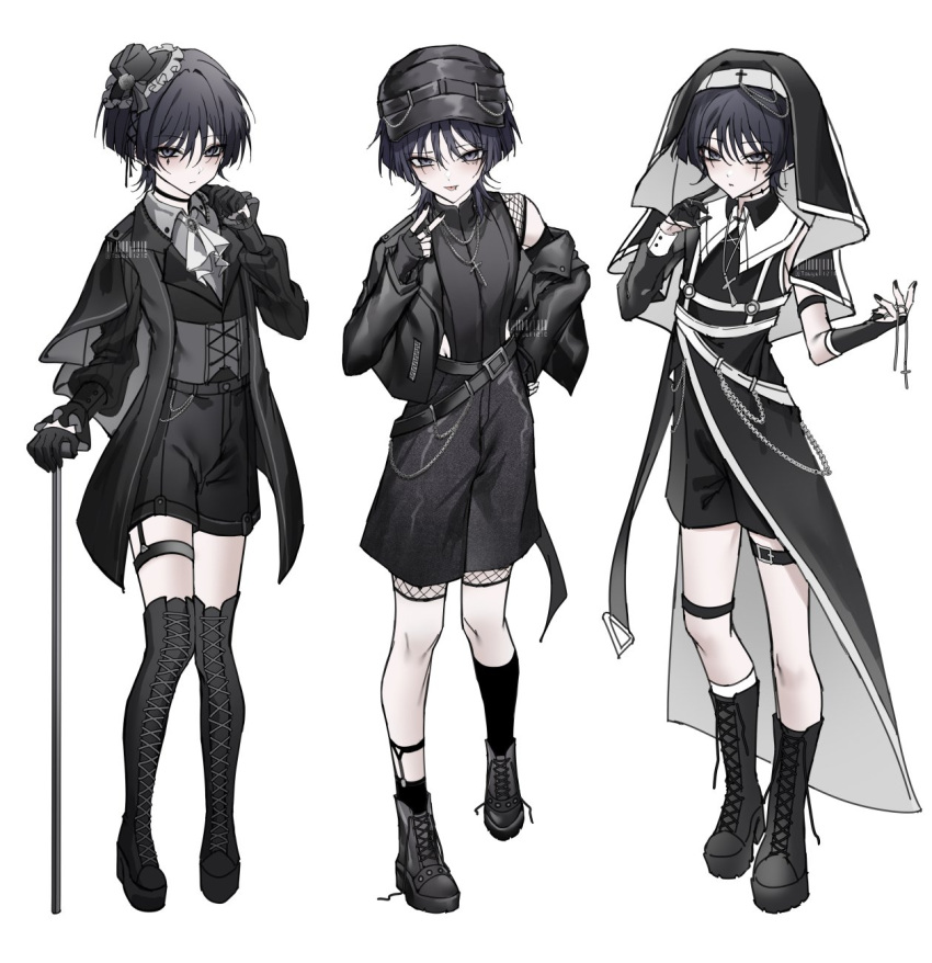 1boy, androgynous, ankle_boots, arm_at_side, ascot, asymmetrical_legwear, belt, black_capelet