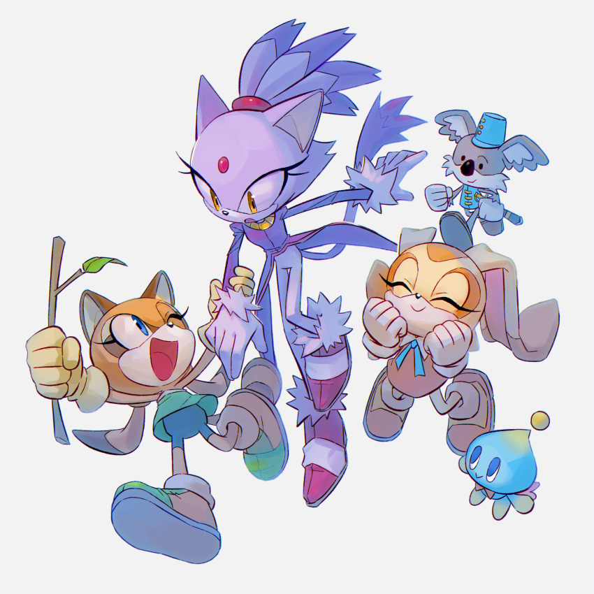 1boy, 1other, 3girls, :o, ;d, absurdres, animal_ears, blaze_the_cat, blue_eyes, blue_hat, brown_fur, cat_ears, cat_girl, cat_tail, cheese_(sonic), clenched_hands, closed_eyes, closed_mouth, coat, cream_the_rabbit, dress, eyelashes, forehead_jewel, full_body, furry, furry_female, furry_male, gardon_(sonic), gloves, grey_fur, hat, highres, holding, holding_another's_arm, holding_stick, long_sleeves, looking_at_another, marine_the_raccoon, miijiu, multiple_girls, one_eye_closed, open_mouth, orange_dress, pants, purple_coat, purple_fur, purple_hair, rabbit_ears, rabbit_girl, rabbit_tail, raccoon_ears, raccoon_girl, raccoon_tail, smile, sonic_(series), stick, tail, twintails, white_background, white_gloves, white_pants, yellow_eyes