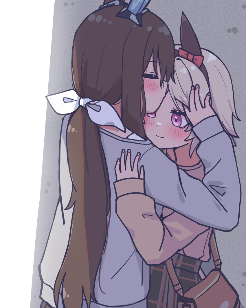 2girls, absurdres, admire_vega_(umamusume), animal_ears, bag, blush, brown_hair, brown_shirt, closed_eyes, closed_mouth, commentary_request, curren_chan_(umamusume), grey_hair, grey_sweater, hand_on_another's_back, hand_on_another's_head, handbag, highres, horse_ears, jin_(jinkwon1147), kiss, kissing_forehead, korean_commentary, long_hair, long_sleeves, mixed-language_commentary, multiple_girls, pink_eyes, shirt, short_hair, smile, sweater, umamusume, yuri