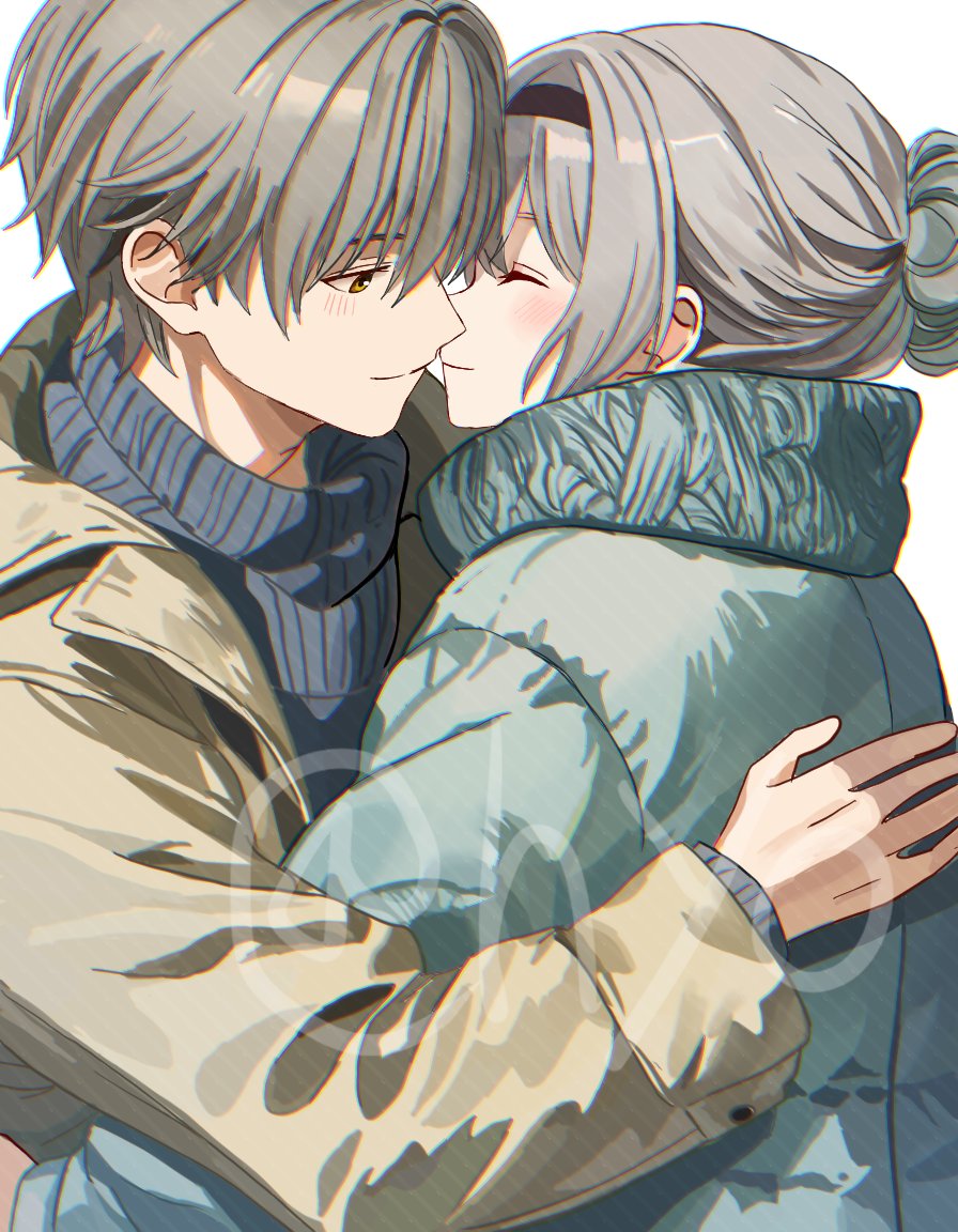1boy, 1girl, aqua_coat, black_hairband, brown_coat, caelus_(honkai:_star_rail), closed_eyes, coat