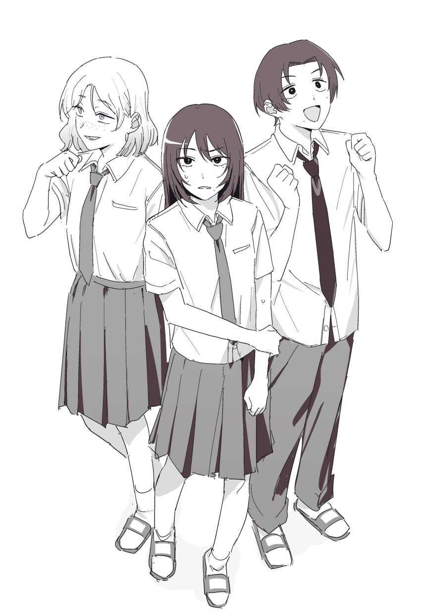 1boy, 2girls, :d, absurdres, breast_pocket, brother_and_sister, clenched_hands, collared_shirt, commentary, dress_shirt, excited, freckles, from_above, full_body, furrowed_brow, futsuu_no_keion-bu, greyscale, grin, hair_behind_ear, hand_up, hands_up, highres, holding_own_arm, kameya_kazushi, kameya_san, long_hair, looking_up, matarasu_(aaaaaaaaj), medium_hair, mole, mole_on_cheek, mole_under_eye, mole_under_mouth, monochrome, multiple_girls, necktie, pants, parted_lips, pleated_skirt, pocket, sandals, sanpaku, school_uniform, shirt, shirt_tucked_in, short_hair, short_sleeves, siblings, simple_background, skirt, smile, socks, standing, sweatdrop, tsuru_asaka, twins, v-shaped_eyebrows, white_background