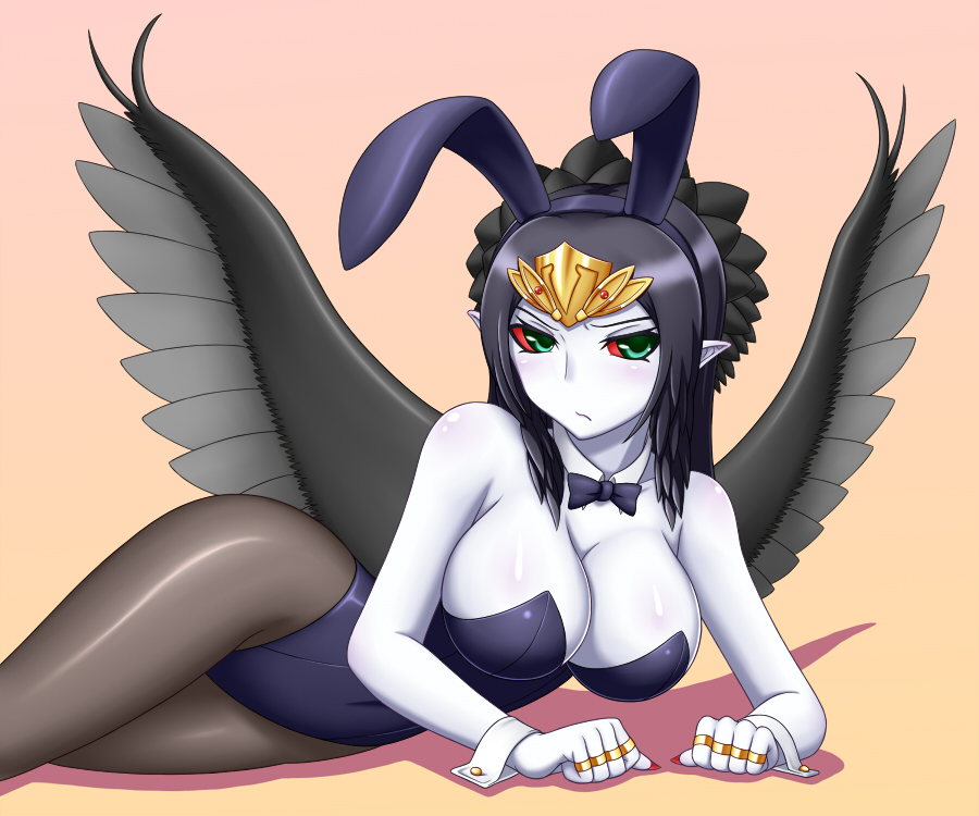 black_hair, black_wings, bunny_ears, bunnysuit, duel_monster, fabled_grimro, fiend_roar_deity_grimlo, multicolored_eyes