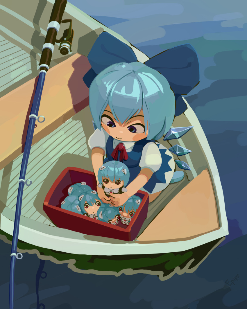 ayanami_rei, blue_bow, blue_dress, blue_eyes, blue_hair, blush_stickers, boat, bow, chibi, cirno, dress, epips, expressionless, fishing_rod, hair_bow, highres, ice, ice_wings, kneeling, light_blue_hair, mecha_pilot_suit, mini_person, multiple_girls, neon_genesis_evangelion, plugsuit, shadow, short_hair, short_sleeves, smile, touhou, water, watercraft, wings