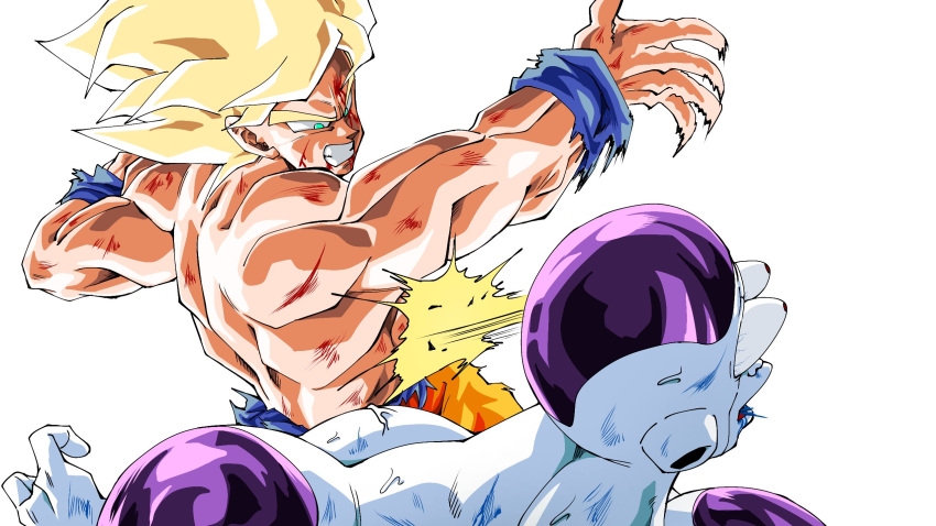 2boys, battle, blonde_hair, clenched_teeth, colored_skin, dragon_ball, dragon_ball_z, frieza, green_eyes, highres, medium_hair, multiple_boys, muscular, muscular_male, nishitakuart, orange_pants, pants, simple_background, slapping, son_goku, spiky_hair, super_saiyan, super_saiyan_1, teeth, topless_male, white_background, white_skin