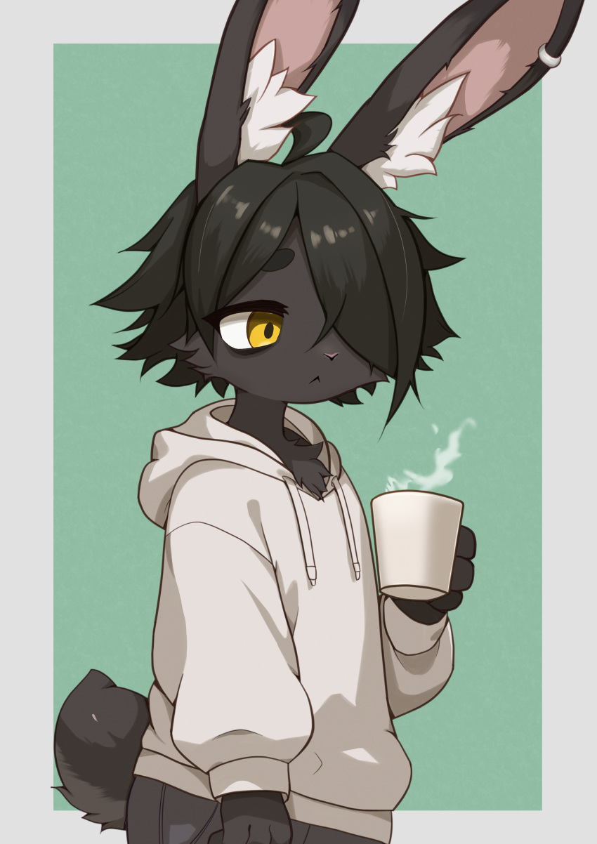 1other, 2024, absurdres, ahoge, animal_ear_fluff, animal_ears, animal_nose, bags_under_eyes, black_fur, black_hair, chest_tuft, cup, earrings, frown, furry, hair_over_one_eye, highres, holding, holding_cup, hood, hoodie, jewelry, original, rabbit_ears, rabbit_nose, rabbit_tail, short_hair, simple_background, sleepy, steam, tail, white_hoodie, yellow_eyes