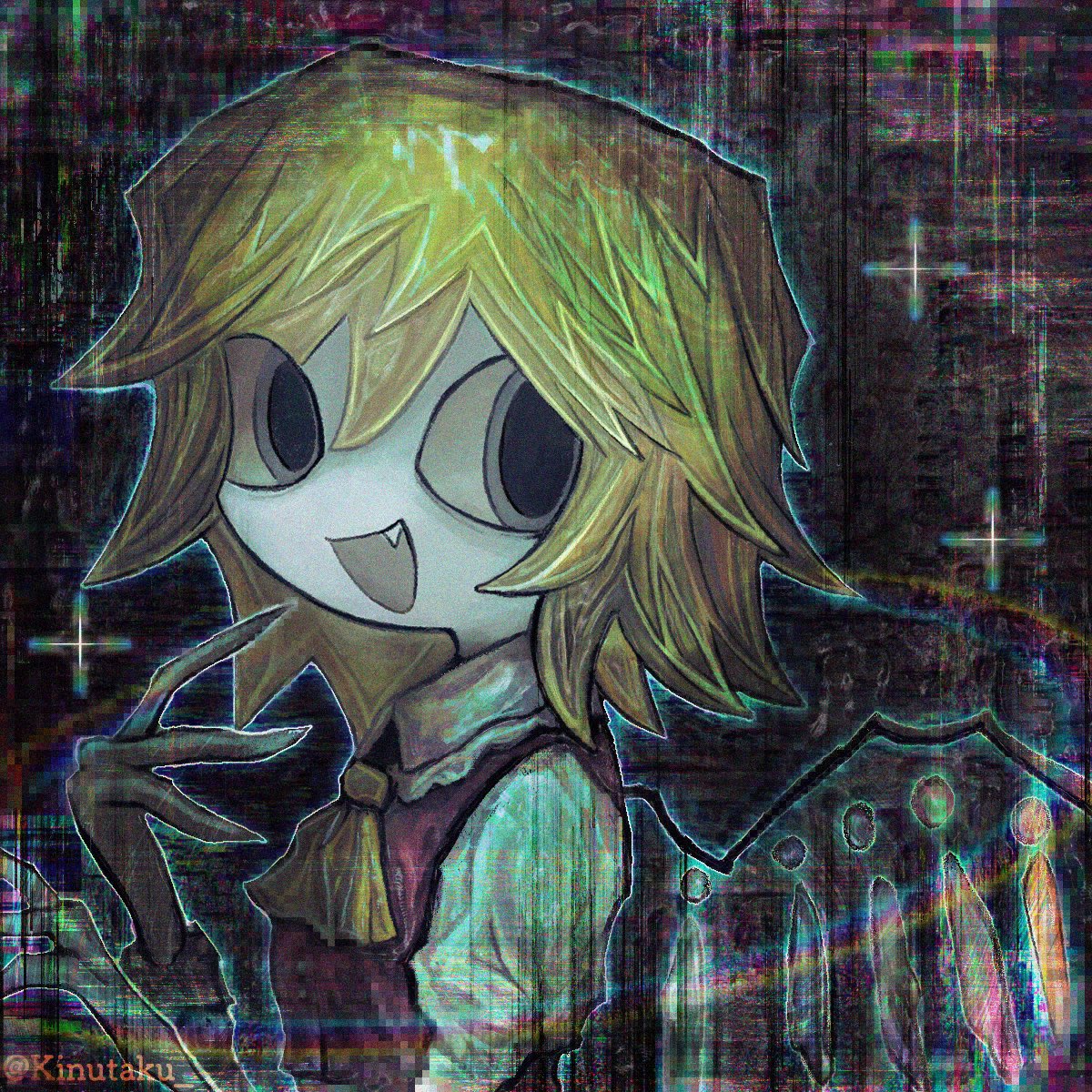 1girl, :d, abstract_background, ascot, blonde_hair, blue_eyes, fang, flandre_scarlet
