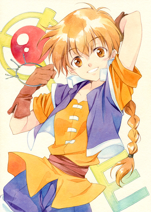 1girl, agahari, arm_up, blue_shorts, brown_eyes, brown_hair, chicory_wormwood, gloves, key, keyring, looking_at_viewer, next_king, shorts, smile, solo, traditional_media