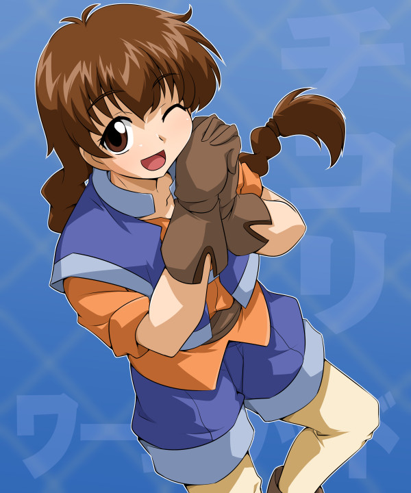 1girl, ;d, belt, bioroid_hei, blue_background, blue_jacket, blue_shorts, brown_gloves, brown_hair, chicory_wormwood, gloves, jacket, long_hair, next_king, one_eye_closed, own_hands_together, shorts, simple_background, smile, solo