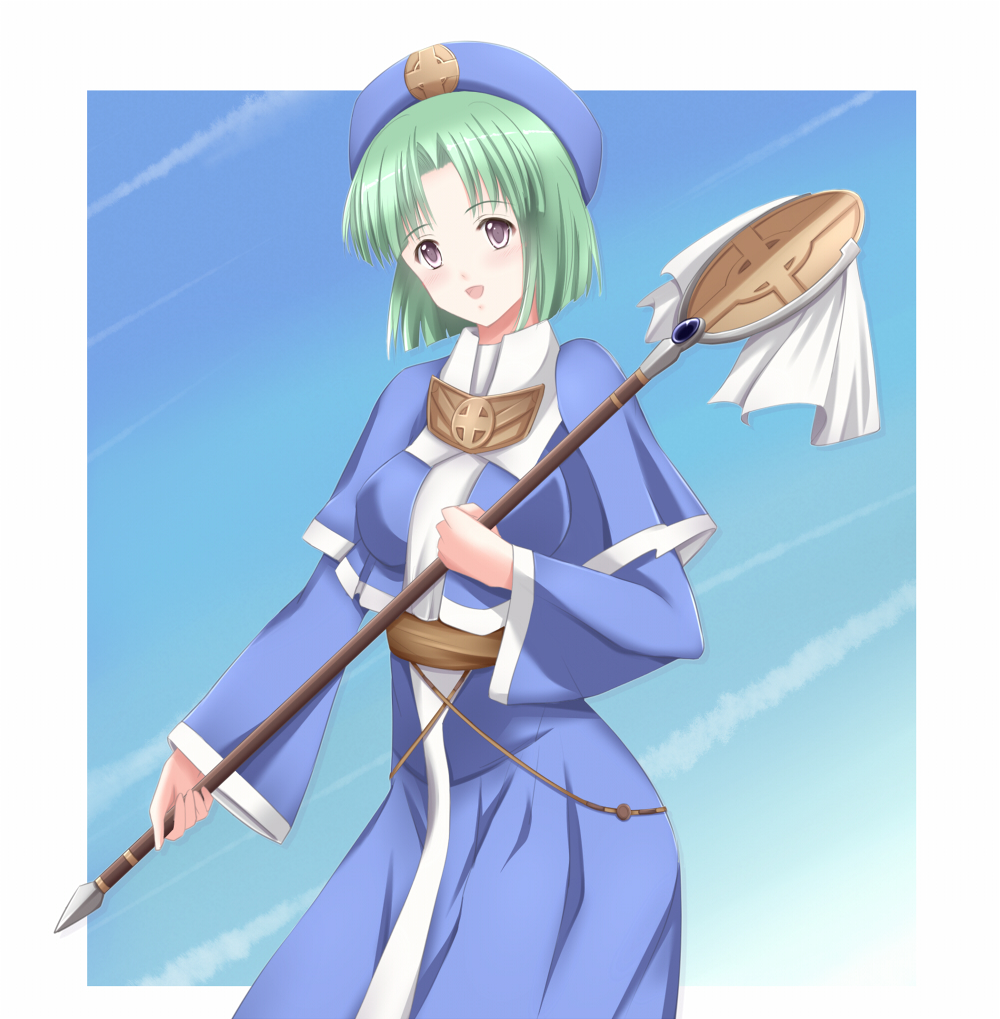 1girl, :d, blue_background, blue_hat, breasts, brown_eyes, fennel_nasturtium, green_hair