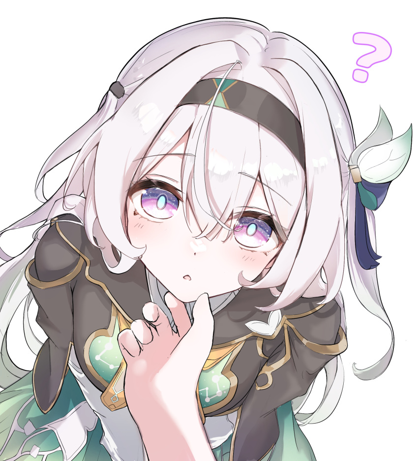 1girl, 1other, ?, aqua_skirt, black_hairband, black_jacket, blue_pupils, breasts, commentary_request, cropped_jacket, dot_nose, firefly_(honkai:_star_rail), from_above, grey_hair, hair_between_eyes, hair_intakes, hair_ornament, hairband, hand_on_another's_chin, highres, honkai:_star_rail, honkai_(series), jacket, light_blush, long_hair, looking_at_viewer, looking_up, medium_breasts, neckerchief, orange_neckerchief, parted_lips, pov, pov_hands, shirt, shyaruru, simple_background, skirt, solo_focus, two-tone_eyes, upper_body, violet_eyes, white_background, white_shirt