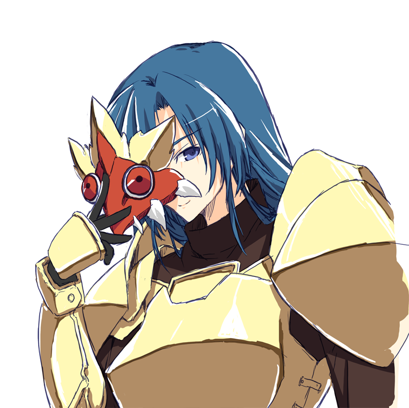 1girl, armor, blue_eyes, blue_hair, caraway_goldenrod, gauntlets, long_hair, matsuki_akira, next_king, removing_mask, smile, solo, upper_body, white_background