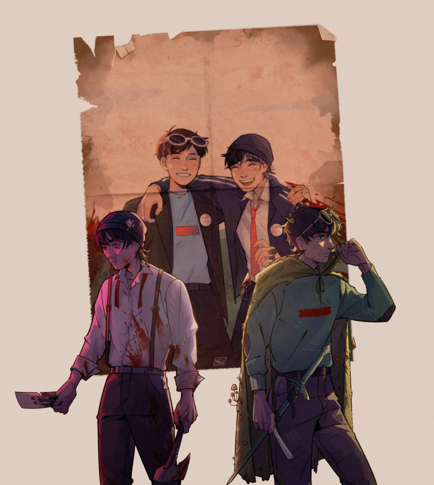 2boys, absurdres, age_comparison, arm_on_another's_shoulder, axe, badge, beanie, black_eyes