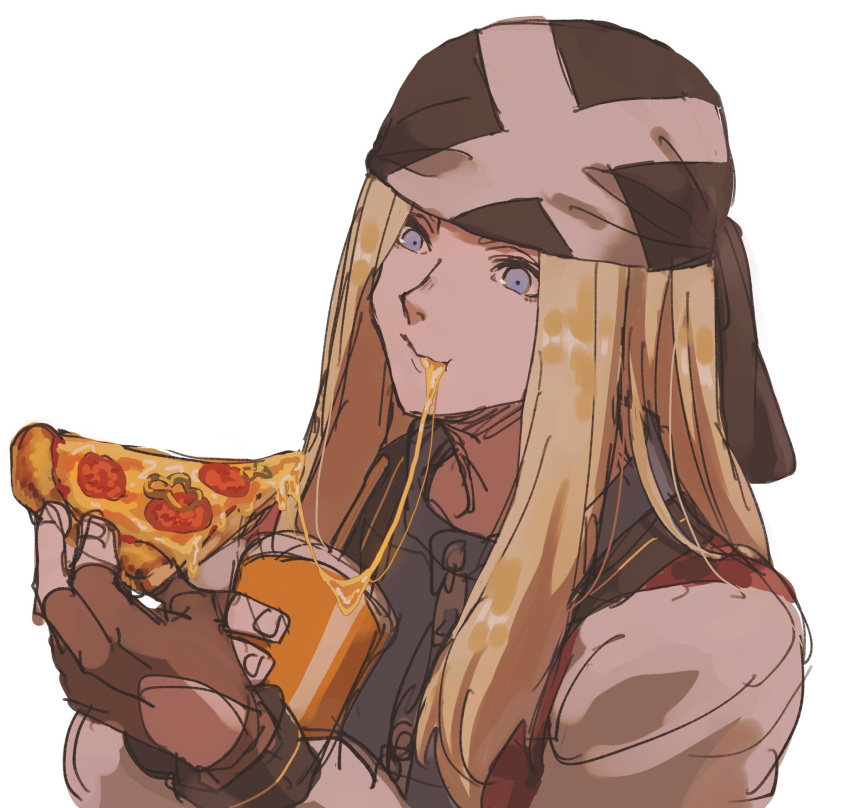 1boy, axl_low, bandana, black_gloves, blonde_hair, blue_eyes, blue_shirt, cheese_trail, closed_mouth, collared_shirt, cup, disposable_cup, eating, fingerless_gloves, food, glove_cutout, gloves, guilty_gear, guilty_gear_strive, highres, holding, holding_cup, holding_food, holding_pizza, jacket, kometubu0712, long_hair, long_sleeves, looking_at_foot, male_focus, open_clothes, open_jacket, pepperoni, pepperoni_pizza, pizza, pizza_slice, shirt, simple_background, smile, solo, upper_body, white_background, zipper_pull_tab