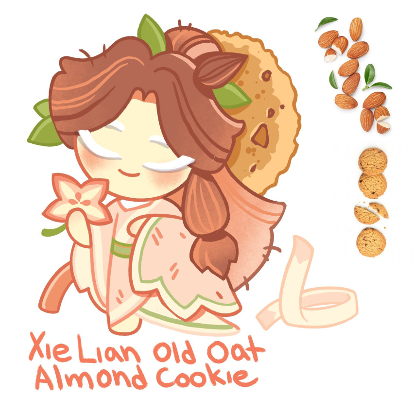 1boy, almond, amonimy, belt, brown_hair, character_name, chinese_clothes, closed_eyes, closed_mouth, cookie, cookie_run, flower, food, food-themed_clothes, full_body, green_belt, hair_bun, hanfu, hat_on_back, highres, holding, holding_flower, leaf, leaf_on_head, long_hair, long_sleeves, male_focus, parody, photo_inset, pink_flower, pink_hanfu, reference_inset, ribbon, simple_background, single_hair_bun, single_sidelock, smile, solo, standing, style_parody, tianguan_cifu, very_long_hair, white_background, white_eyelashes, white_ribbon, wide_sleeves, xie_lian