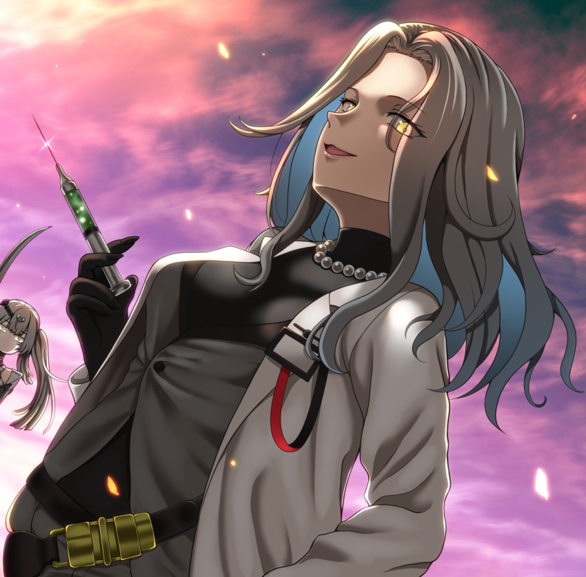 2girls, bead_necklace, beads, breasts, commentary_request, day, girls_frontline, grey_hair, grig_(girls'_frontline), holding, holding_syringe, jewelry, lab_coat, lady_gray_(girls'_frontline), large_breasts, long_hair, looking_at_another, looking_at_viewer, looking_to_the_side, multiple_girls, necklace, no_mouth, open_clothes, open_mouth, ouga_(user_ctzw2237), outdoors, paradeus, solo_focus, syringe, upper_body, yellow_eyes