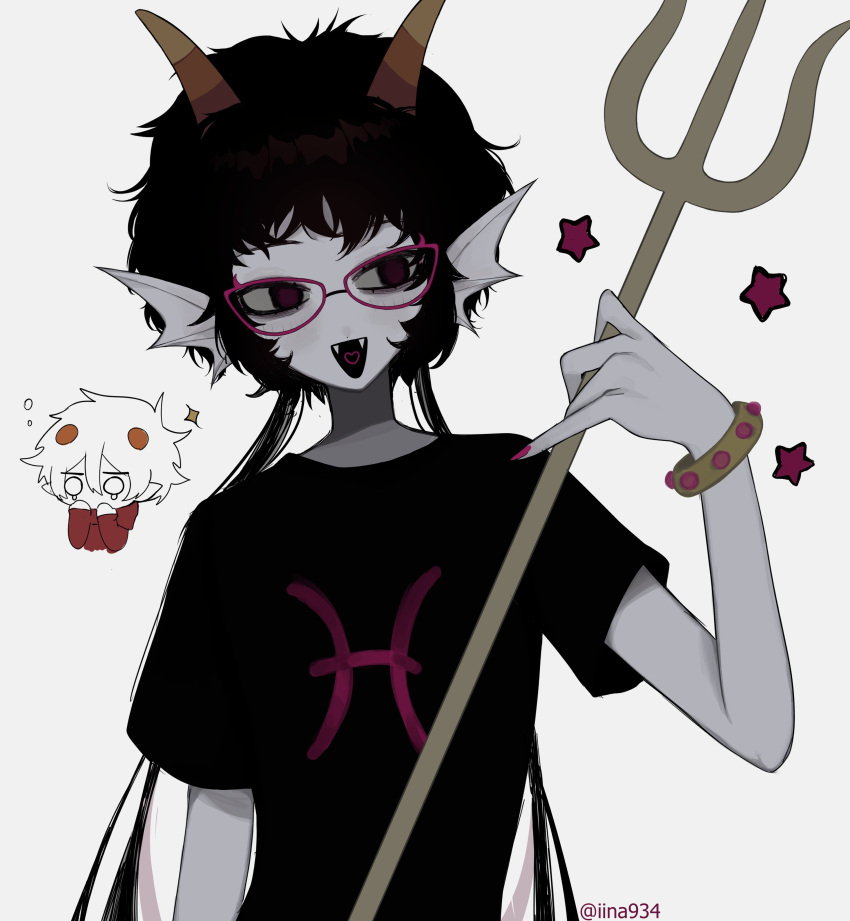 1boy, 1girl, absurdres, archived_source, black_hair, black_shirt, bracelet, chibi