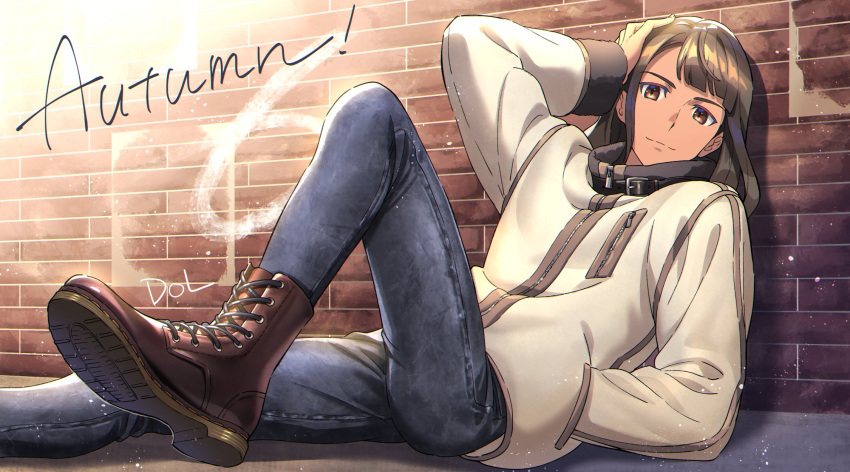 1boy, autumn, blue_pants, boots, brick_wall, brown_eyes, brown_footwear, brown_hair