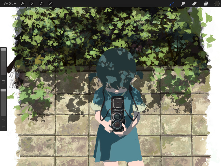 1girl, art_program_in_frame, awoi_(awoiro7), blue_dress, blue_hair, camera, closed_eyes, dress