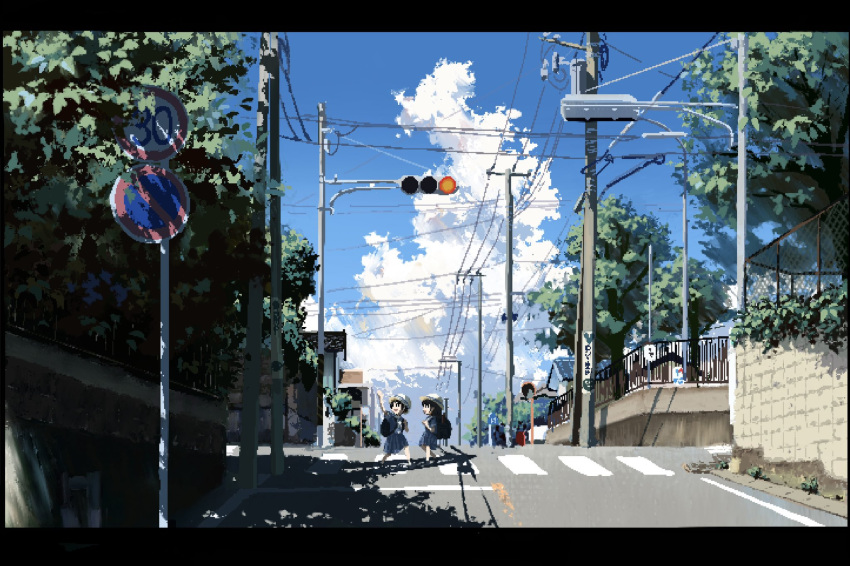 2girls, arm_up, awoi_(awoiro7), backpack, bag, blue_shirt, blue_skirt, blue_sky