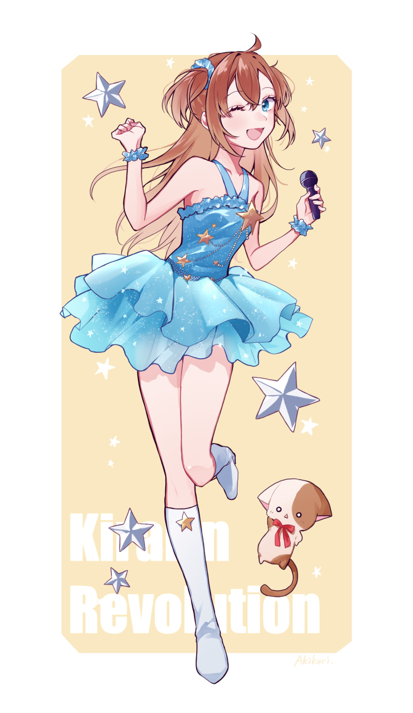 1girl, ;d, ahoge, akikuriii, blue_dress, blue_eyes, boots, border