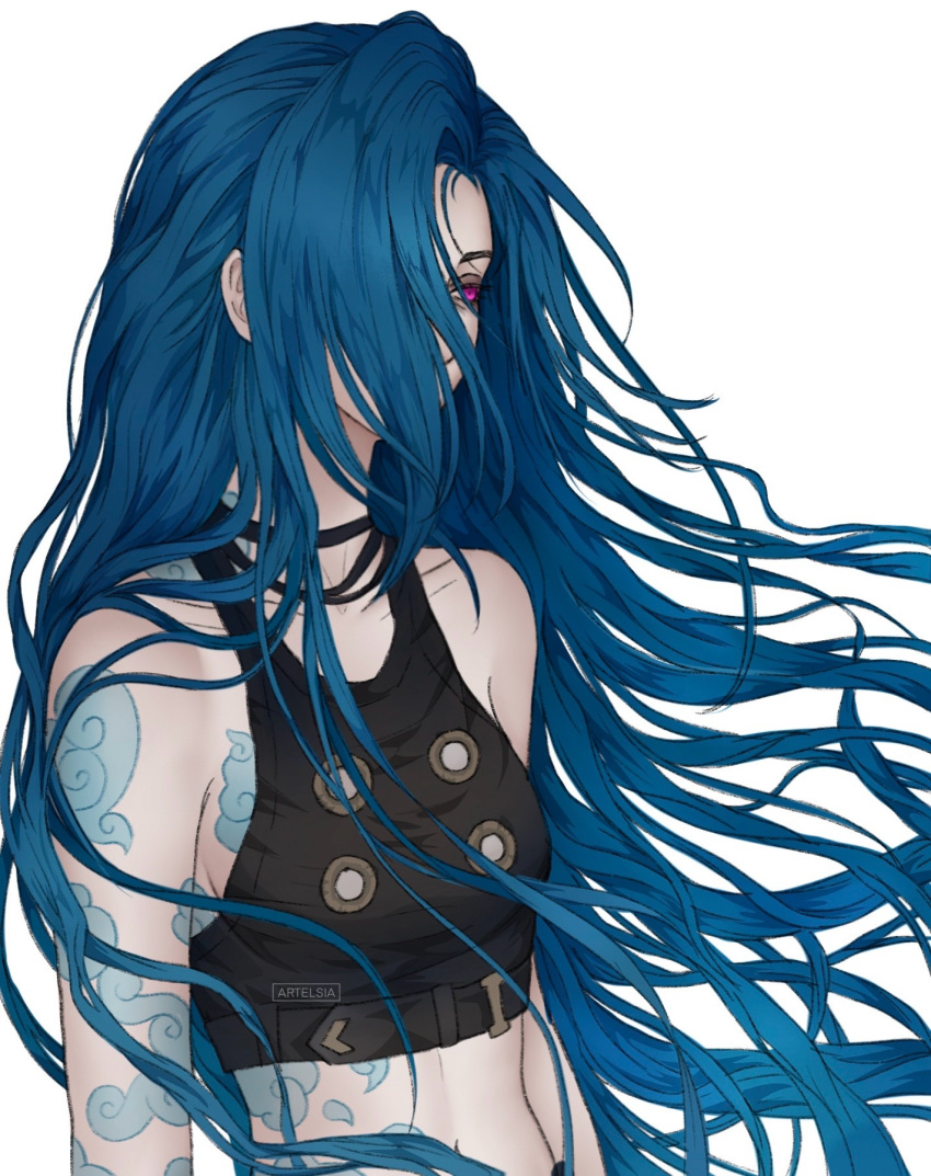 1girl, arcane:_league_of_legends, arcane_jinx, artelsia, blue_hair, hair_covering_one_eye, jinx_(league_of_legends), long_hair
