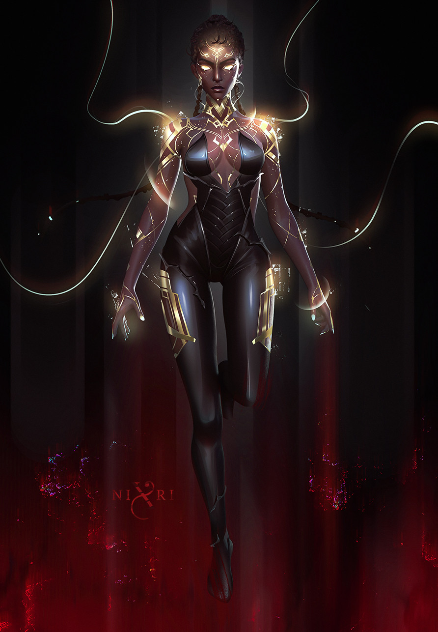 1girl, arcane:_league_of_legends, black_background, black_bodysuit, floating, glowing, glowing_eyes, glowing_nails
