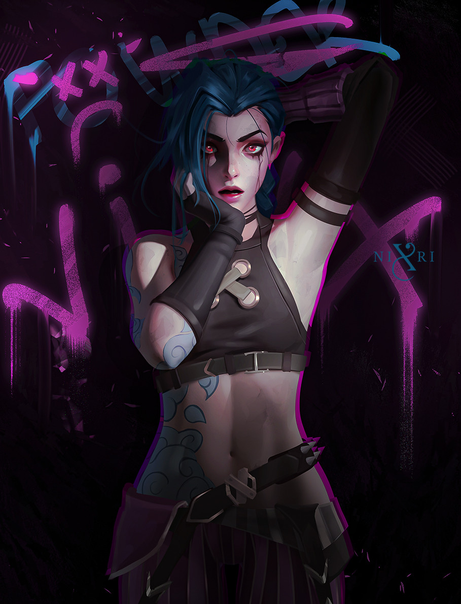 1girl, arcane:_league_of_legends, arcane_jinx, blue_hair, chromatic_aberration, graffiti, jinx_(league_of_legends), nixri